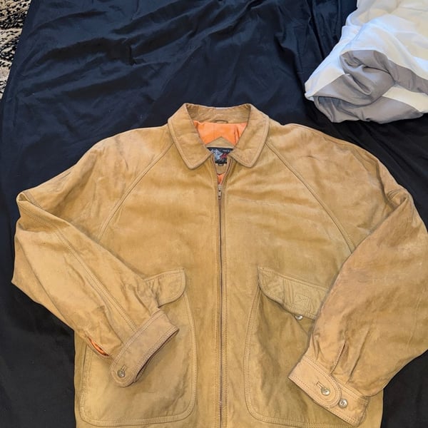 Vintage Brown Suede Leather Bomber Jacket with Orange Quilted Lining Size 44