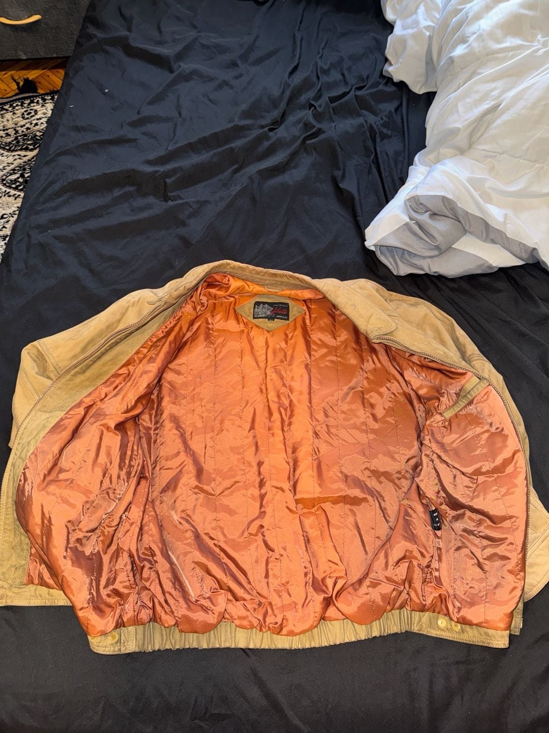 Vintage Brown Suede Leather Bomber Jacket with Orange Quilted Lining Size 44 7