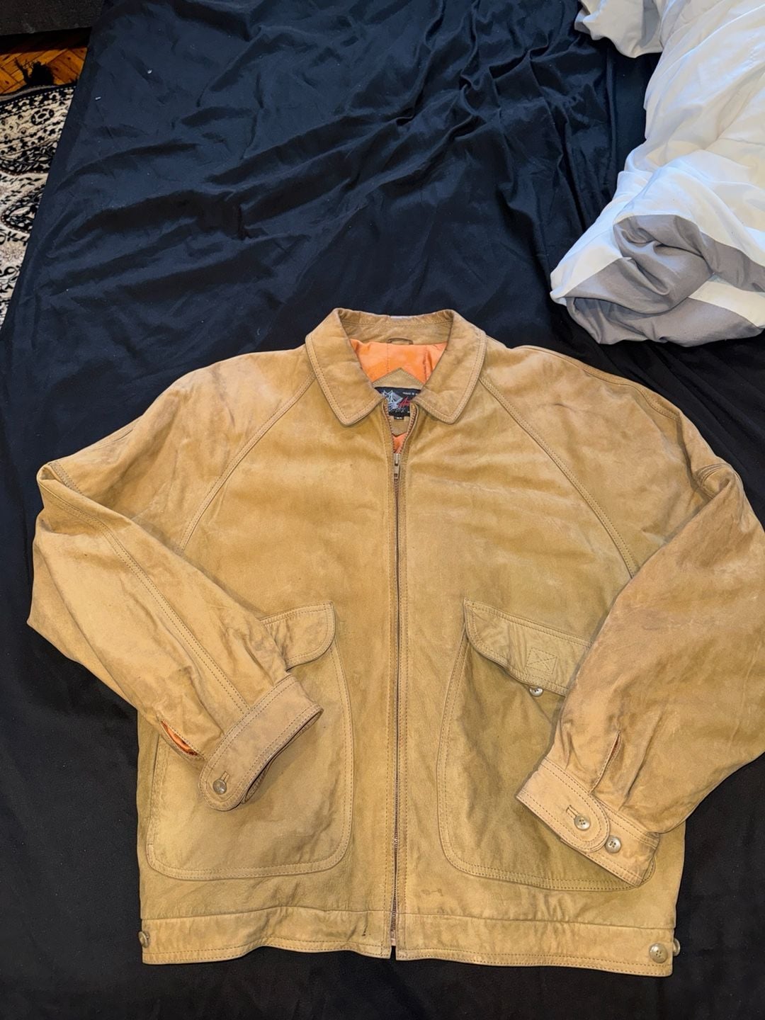 Vintage Brown Suede Leather Bomber Jacket with Orange Quilted Lining Size 44 8