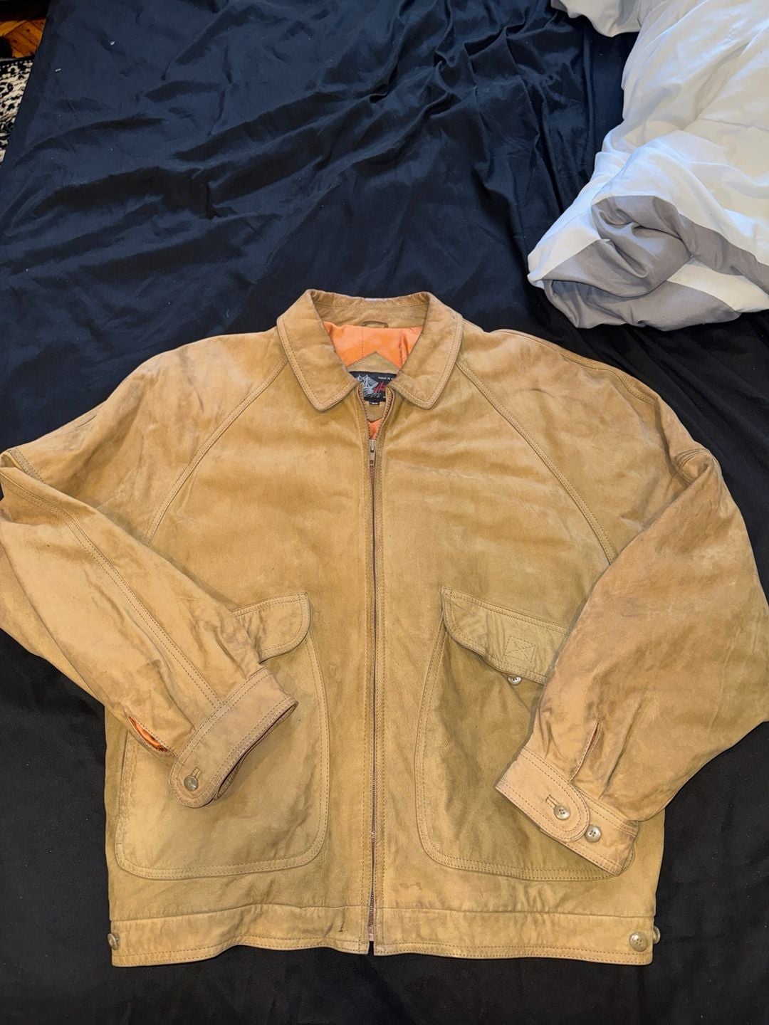 Vintage Brown Suede Leather Bomber Jacket with Orange Quilted Lining Size 44 9