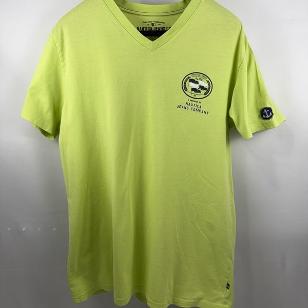 Nautica Jeans Co Stout Pirate Fish Ale Graphic V-Neck T-Shirt Green L