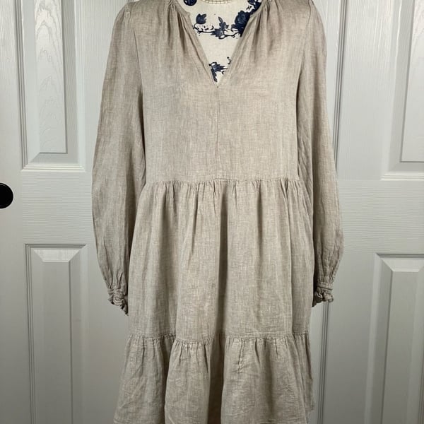 Cynthia Rowley Tan Linen Blend Tiered Long Sleeve V-Neck Mini Dress Sz M