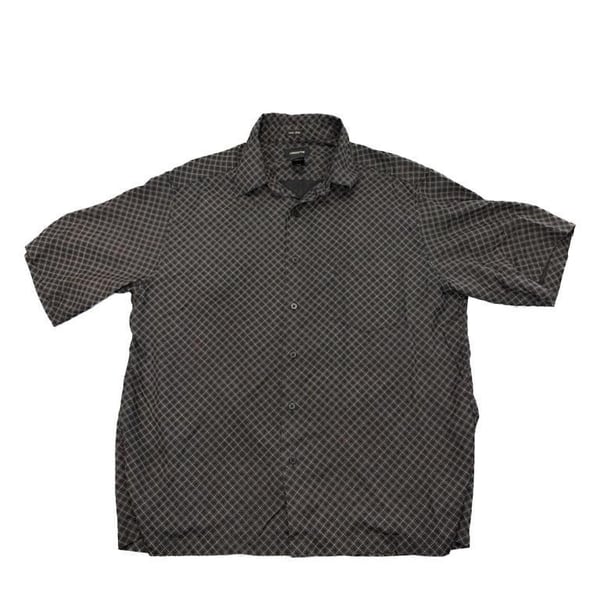 Claiborne 100% Silk Mens XL Blk White Grid Pattern Short Sleeve Button Up Shirt