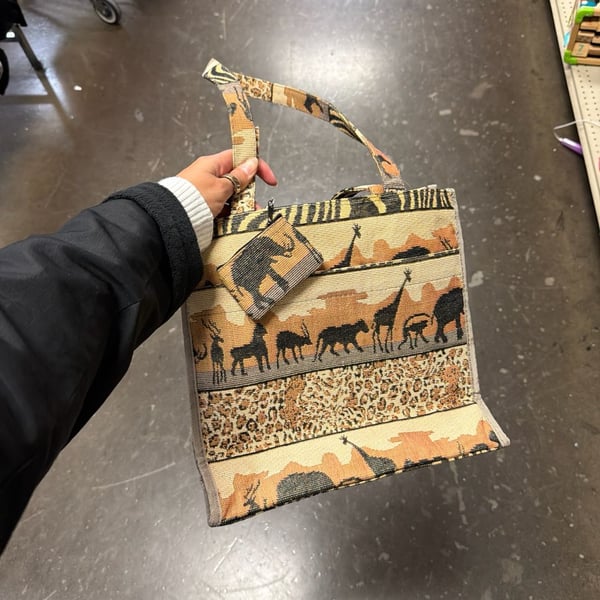 Vintage Jade African Safari Tapestry Tote Bag with Attached Coin Purse