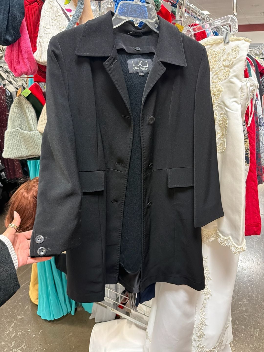 Utex Design Black Single Breasted Longline Trench Coat Jacket Size Small 2
