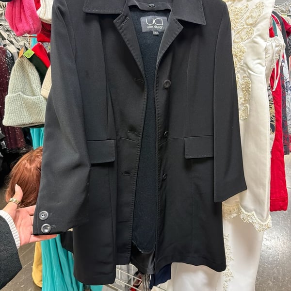 Utex Design Black Single Breasted Longline Trench Coat Jacket Size Small
