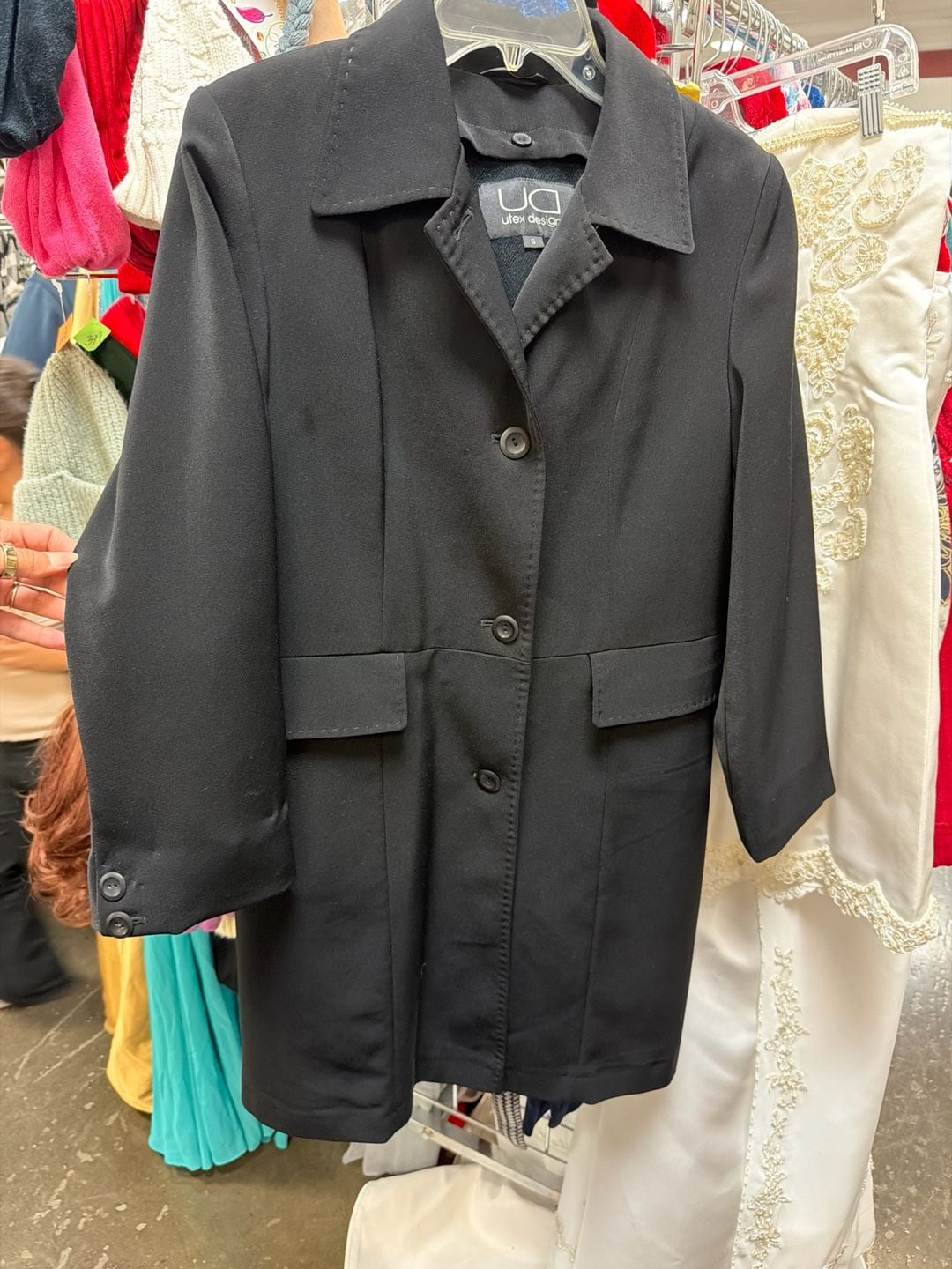 Utex Design Black Single Breasted Longline Trench Coat Jacket Size Small 3