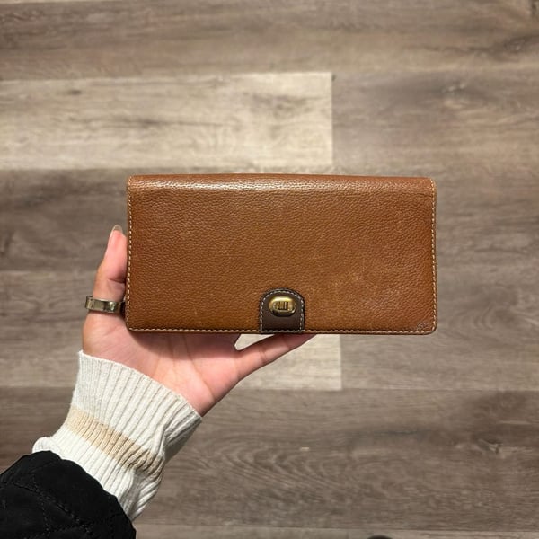 Vintage Dunhill Brown Pebbled Leather Long Bifold Wallet with Gold Logo