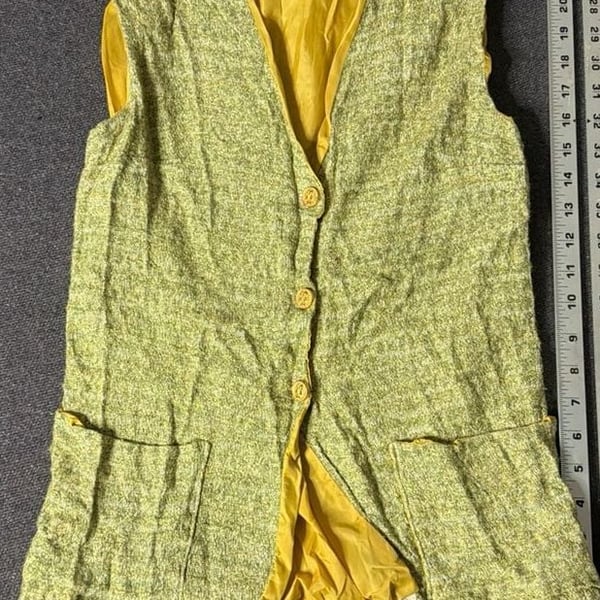 Vintage 1960s Lime Green and Gold Metallic Lurex Tweed Vest with Medallion Buttons