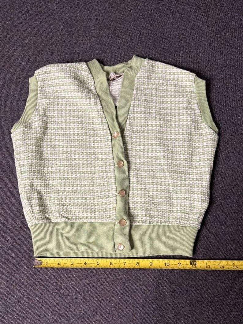 Vintage Koret of California Knit Division Pastel Green and White Textured Button Up Vest 4