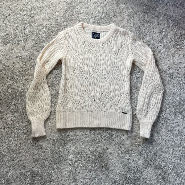 Abercrombie & Fitch Open Knit Ivory Wool Alpaca Blend Crew Neck Sweater