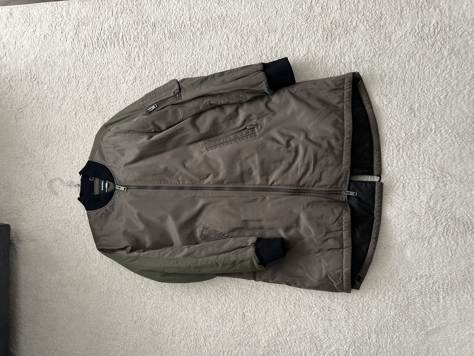 Diesel Longline Padded Bomber Jacket Olive Green and Brown 2