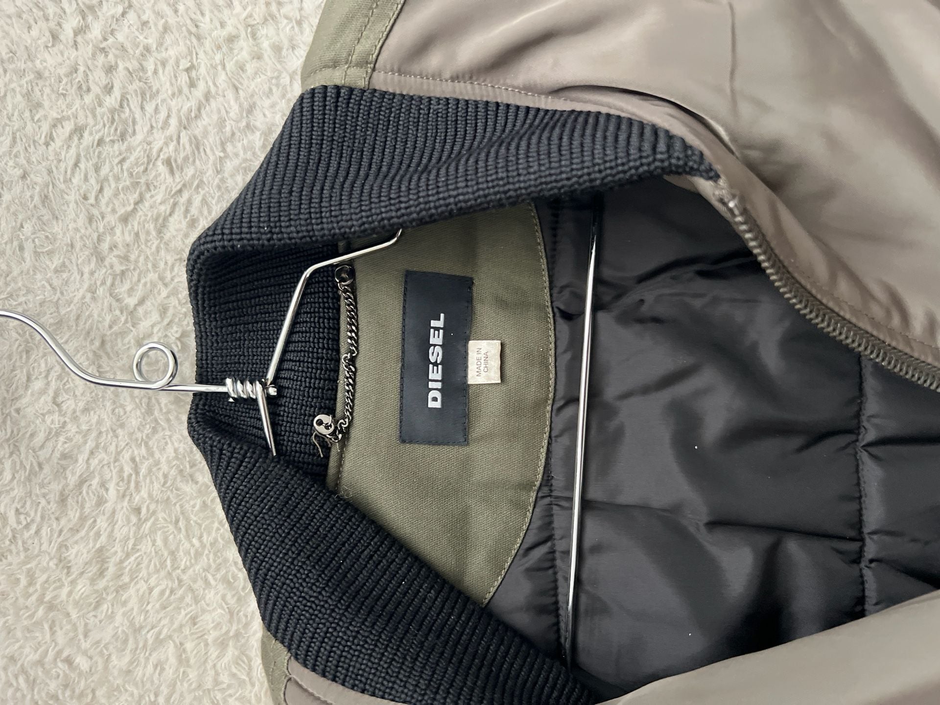 Diesel Longline Padded Bomber Jacket Olive Green and Brown 3
