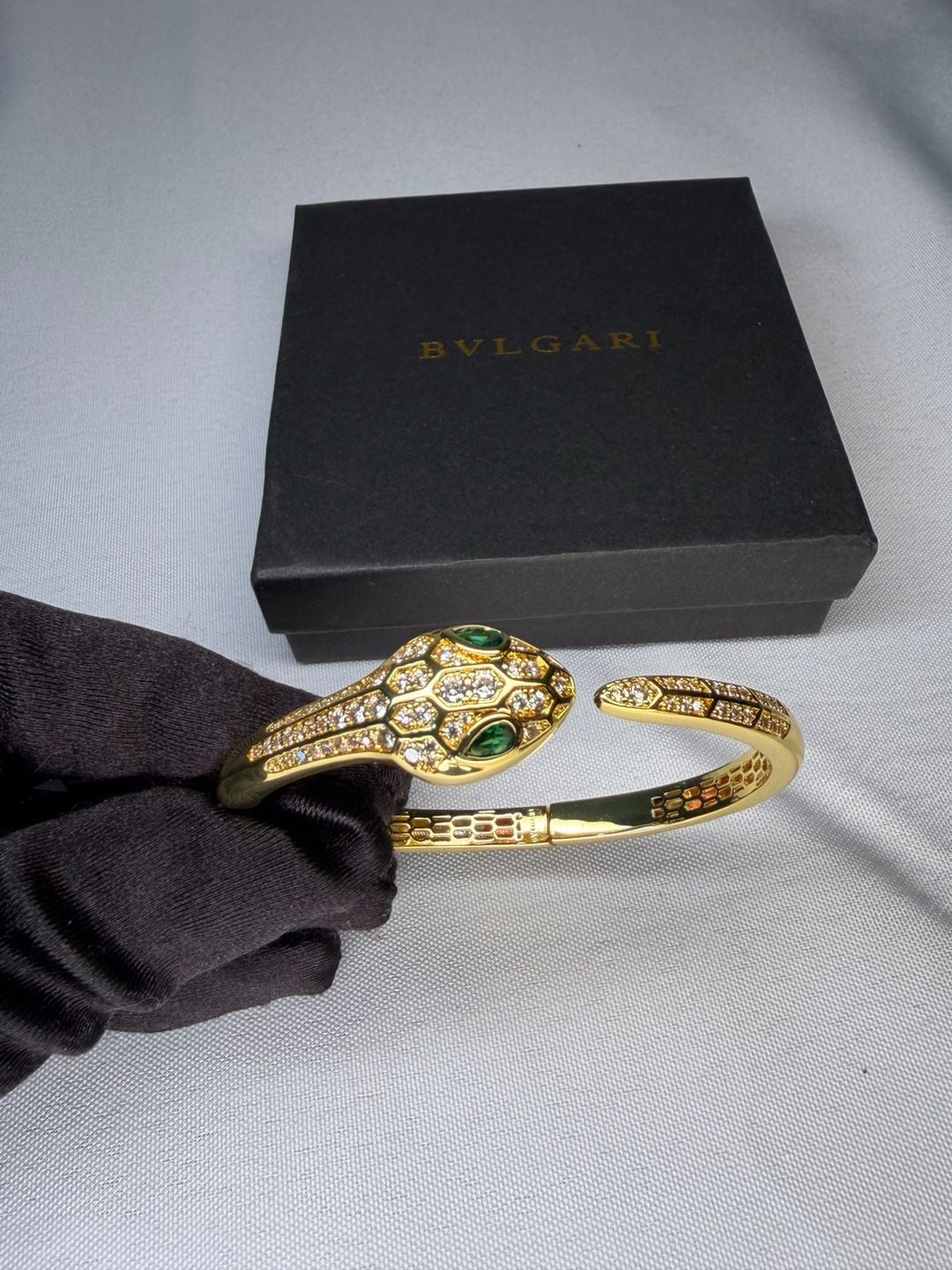Gold-plated Snake Bangle: Green Zircon Eyes 4