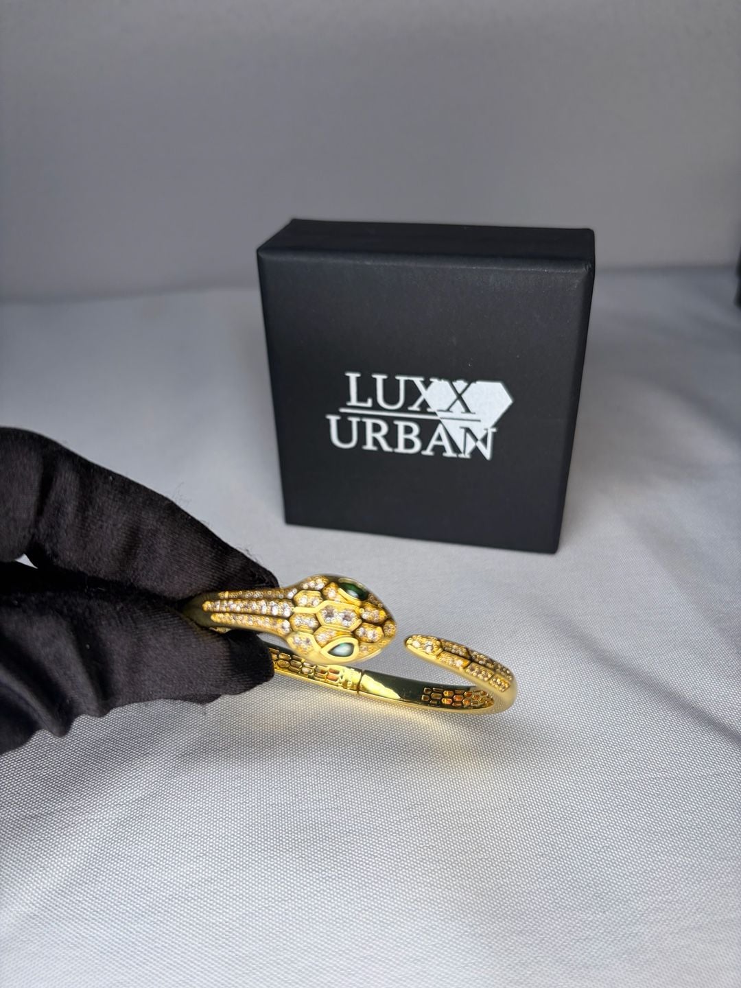 Gold-plated Snake Bangle: Green Zircon Eyes 6