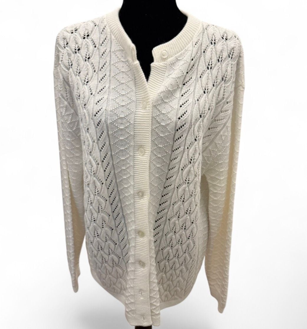 Vintage Brunny White Pointelle Knit Button-Up Cardigan Sweater Made in USA 46 2