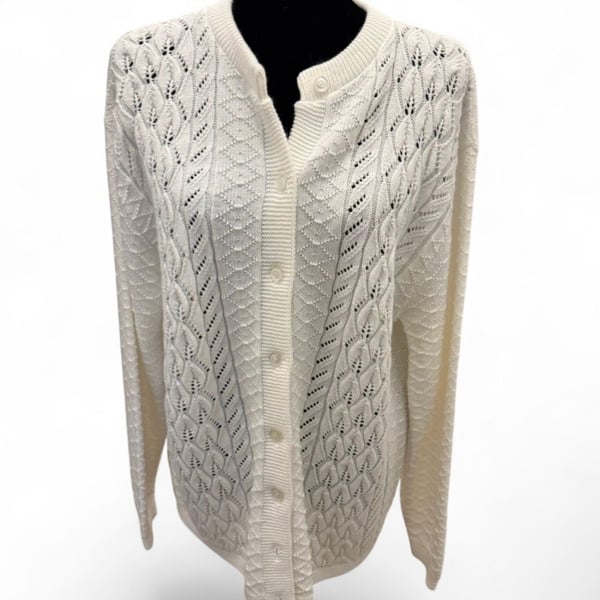 Vintage Brunny White Pointelle Knit Button-Up Cardigan Sweater Made in USA 46