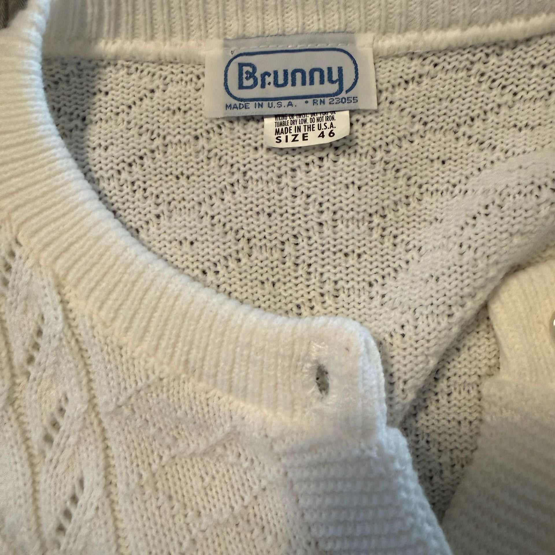 Vintage Brunny White Pointelle Knit Button-Up Cardigan Sweater Made in USA 46 5