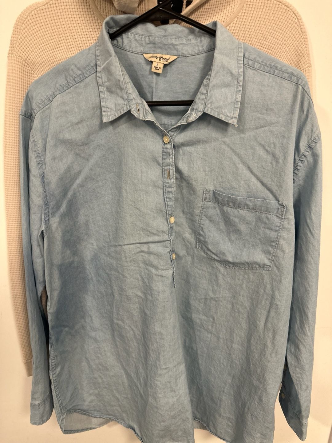 Lucky Brand Women's Size L Blue Chambray Long Sleeve Popover Tunic Shirt 3