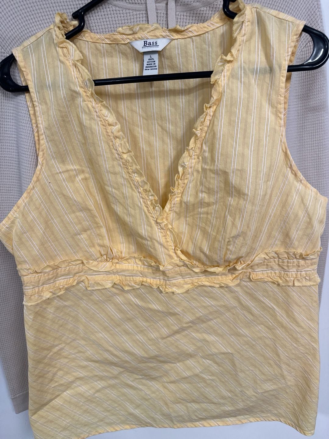 G.H. Bass & Co. Yellow and White Striped Ruffle V-Neck Sleeveless Cotton Tank Top 3