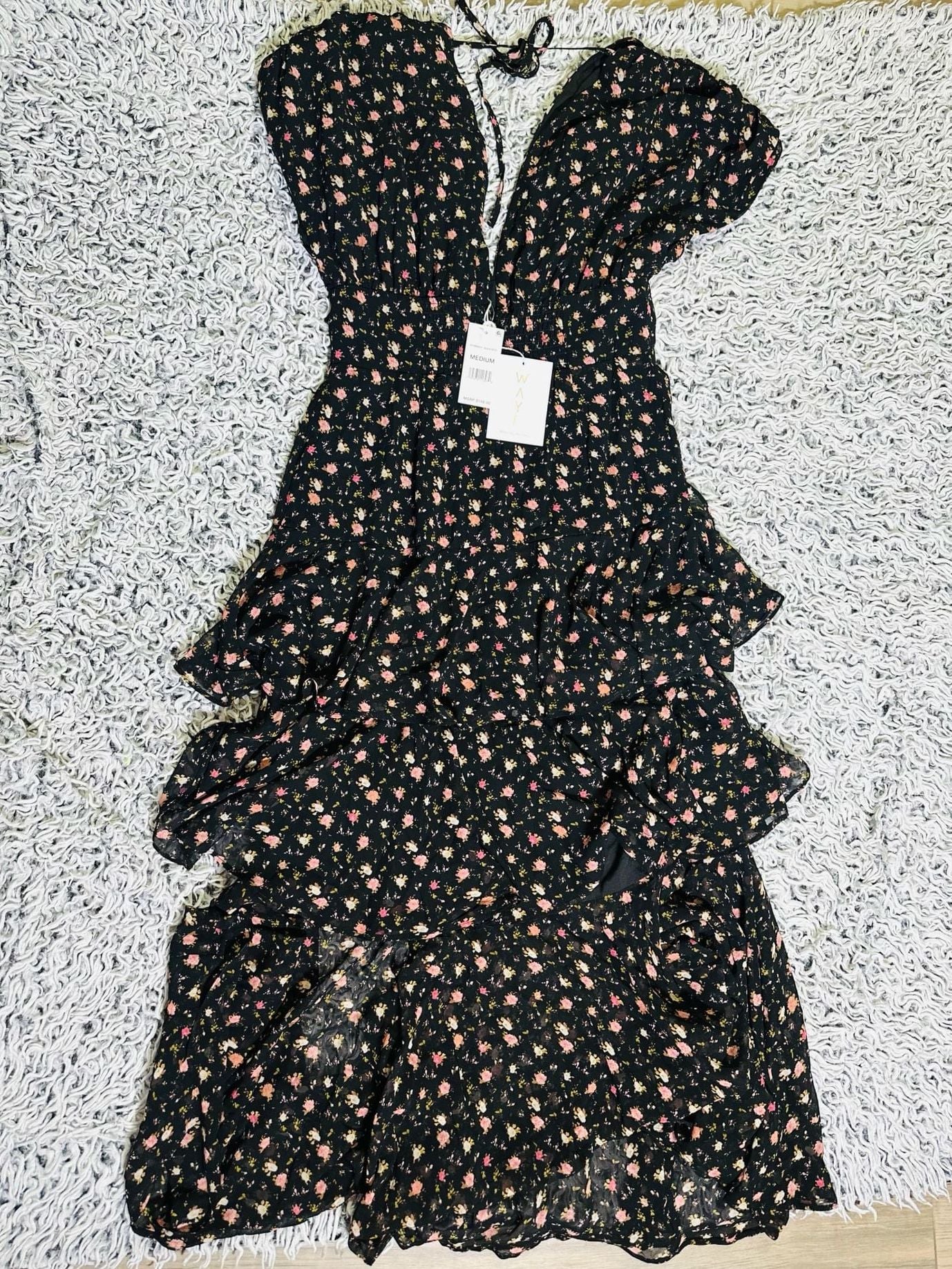 Floral Dress Wayf Midi Dress WAYF Black Floral Tiered Midi Dress By WAYF deep V neck size medium 2