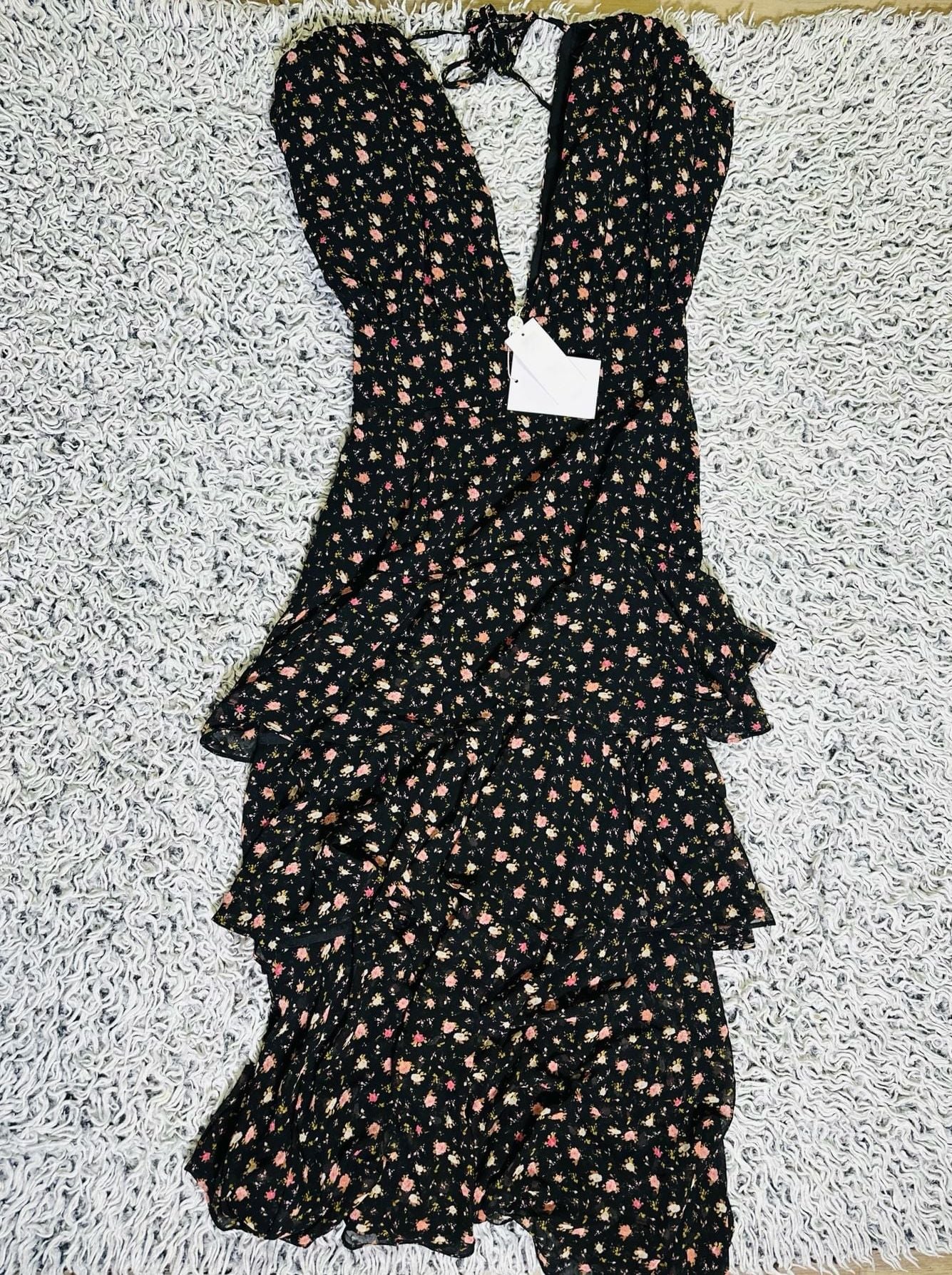Floral Dress Wayf Midi Dress WAYF Black Floral Tiered Midi Dress By WAYF deep V neck size medium 4