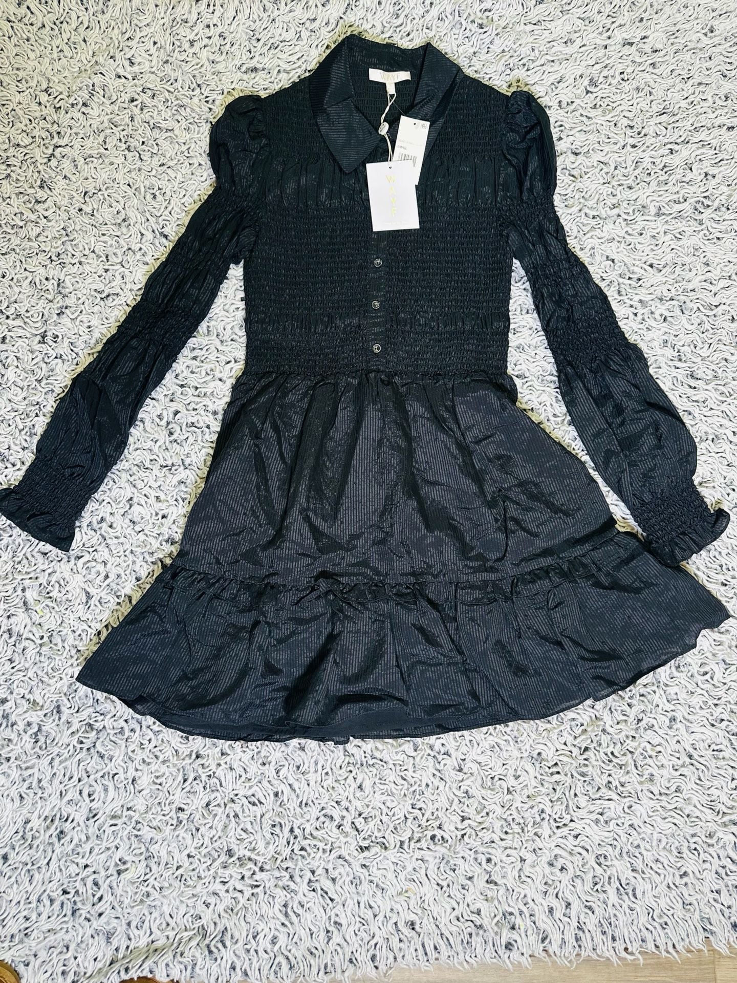 WAYF Shadow Stripe Smocked Long Black Sleeve Button Front Tiered Mini Dress Size Small 2