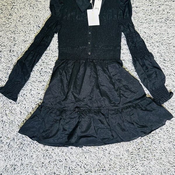 WAYF Shadow Stripe Smocked Long Black Sleeve Button Front Tiered Mini Dress Size Small