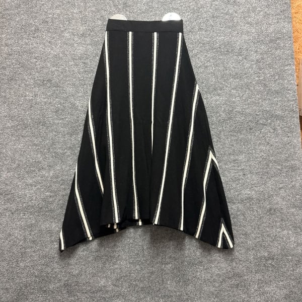 S-TORY. Black and White Striped Knit Midi Skirt with Asymmetrical Hem