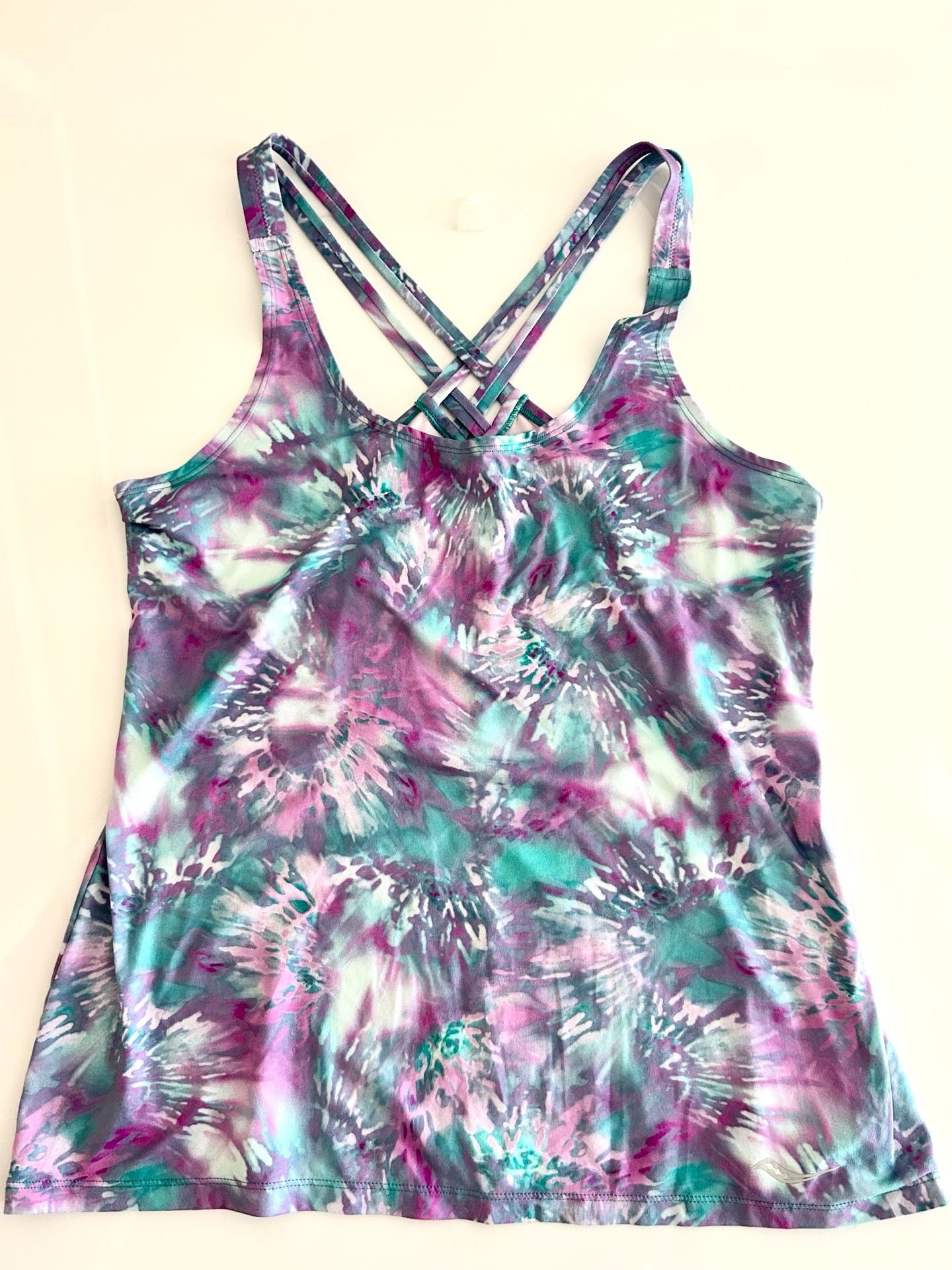 Saucony Women's Strappy Cross Back Performance Tank Top Purple Teal Tie Dye Large 2