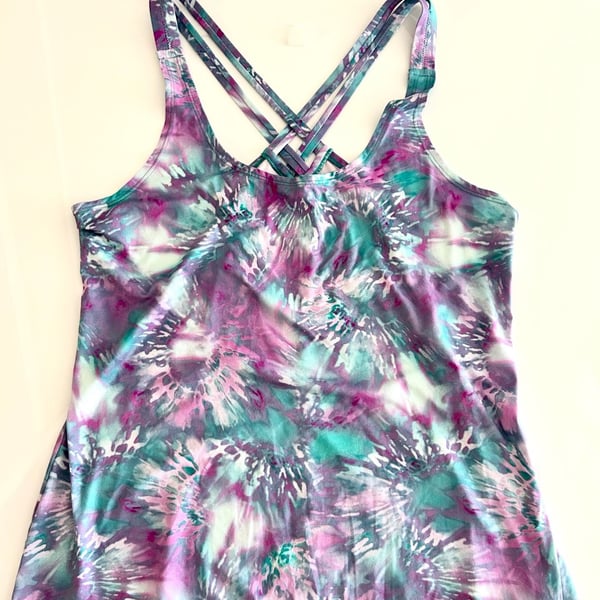 Saucony Women's Strappy Cross Back Performance Tank Top Purple Teal Tie Dye Large