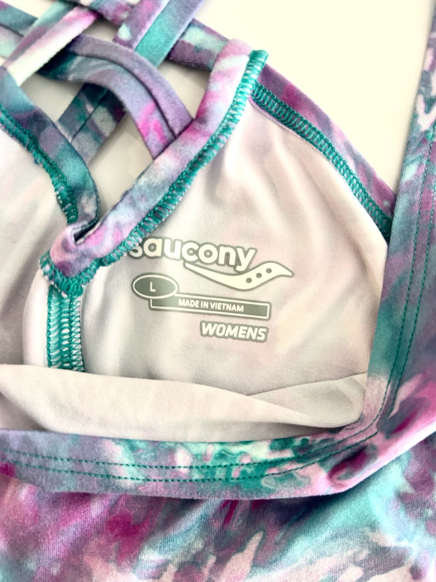 Saucony Women's Strappy Cross Back Performance Tank Top Purple Teal Tie Dye Large 5