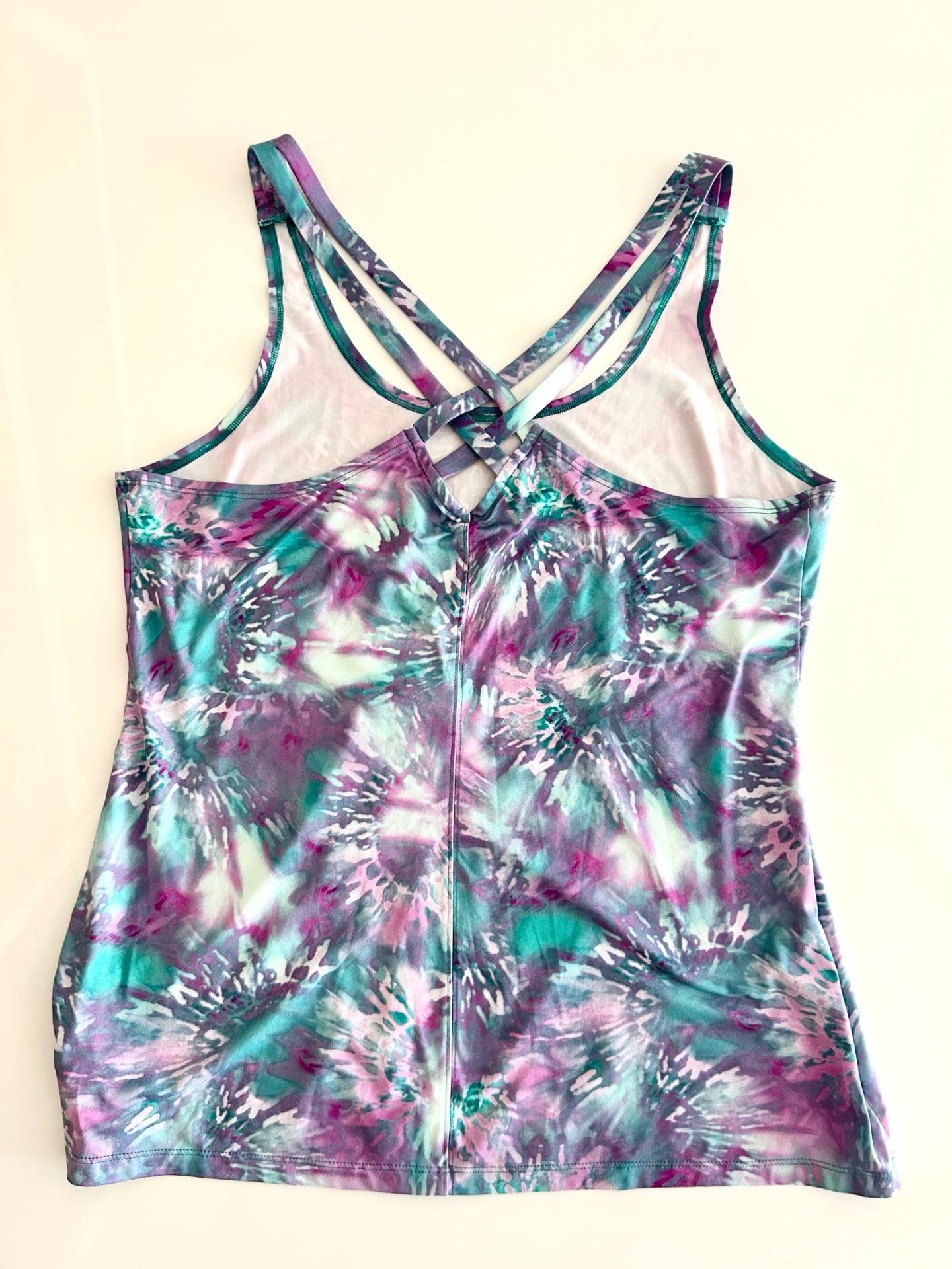 Saucony Women's Strappy Cross Back Performance Tank Top Purple Teal Tie Dye Large 6