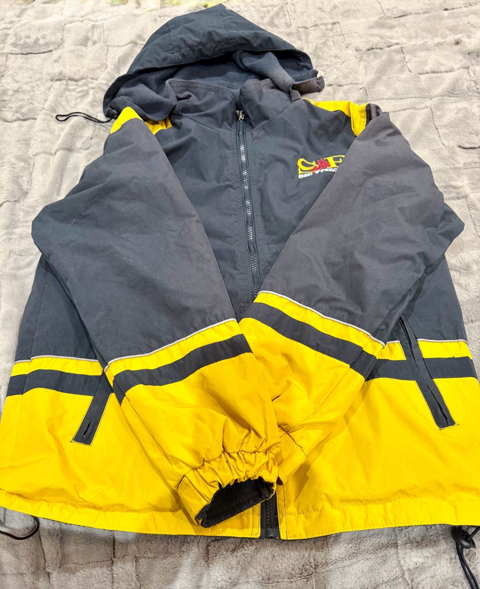 Medium Y2K San Francisco Reversible Jacket With Detachable Hood, Navy & Yellow Color Blocking With Fireman’s Striping 2