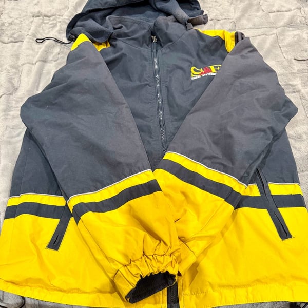 Medium Y2K San Francisco Reversible Jacket With Detachable Hood, Navy & Yellow Color Blocking With Fireman’s Striping