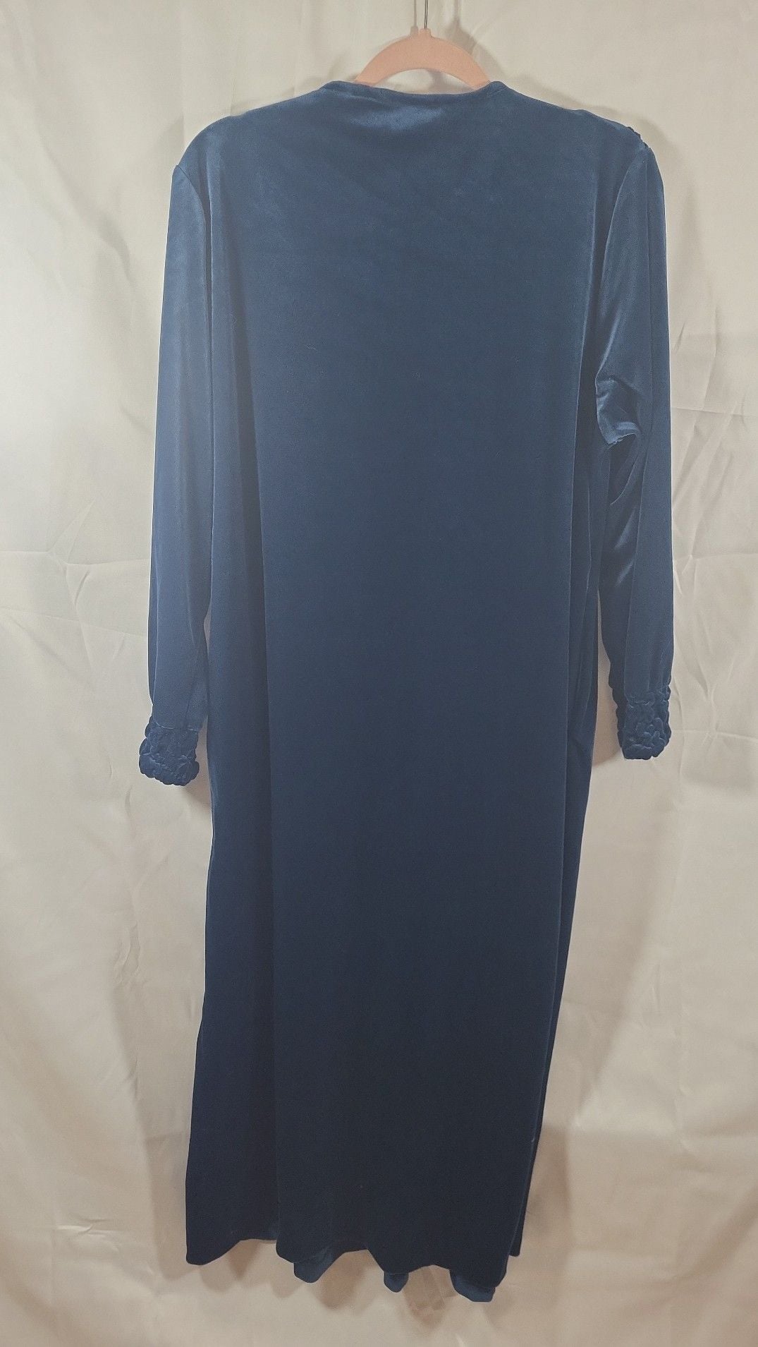 Vintage Delicates Navy Blue Velour Smocked Zip-Front Long Robe Housecoat, Size M 3