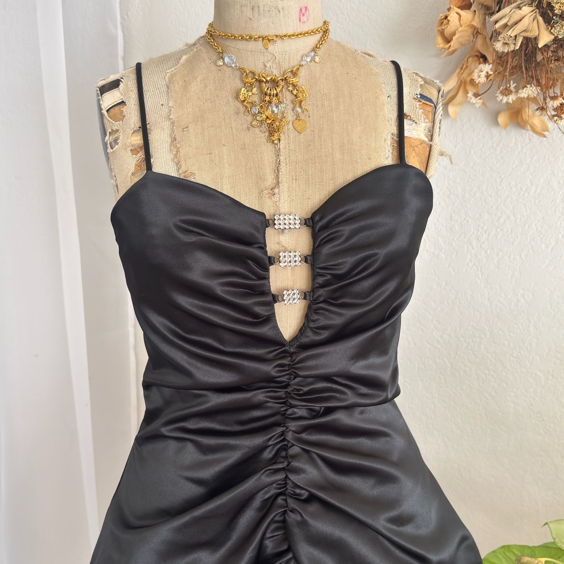 Vintage 80s Black Liquid Satin Mini Dress With Ruching Small Extra Small - , 7