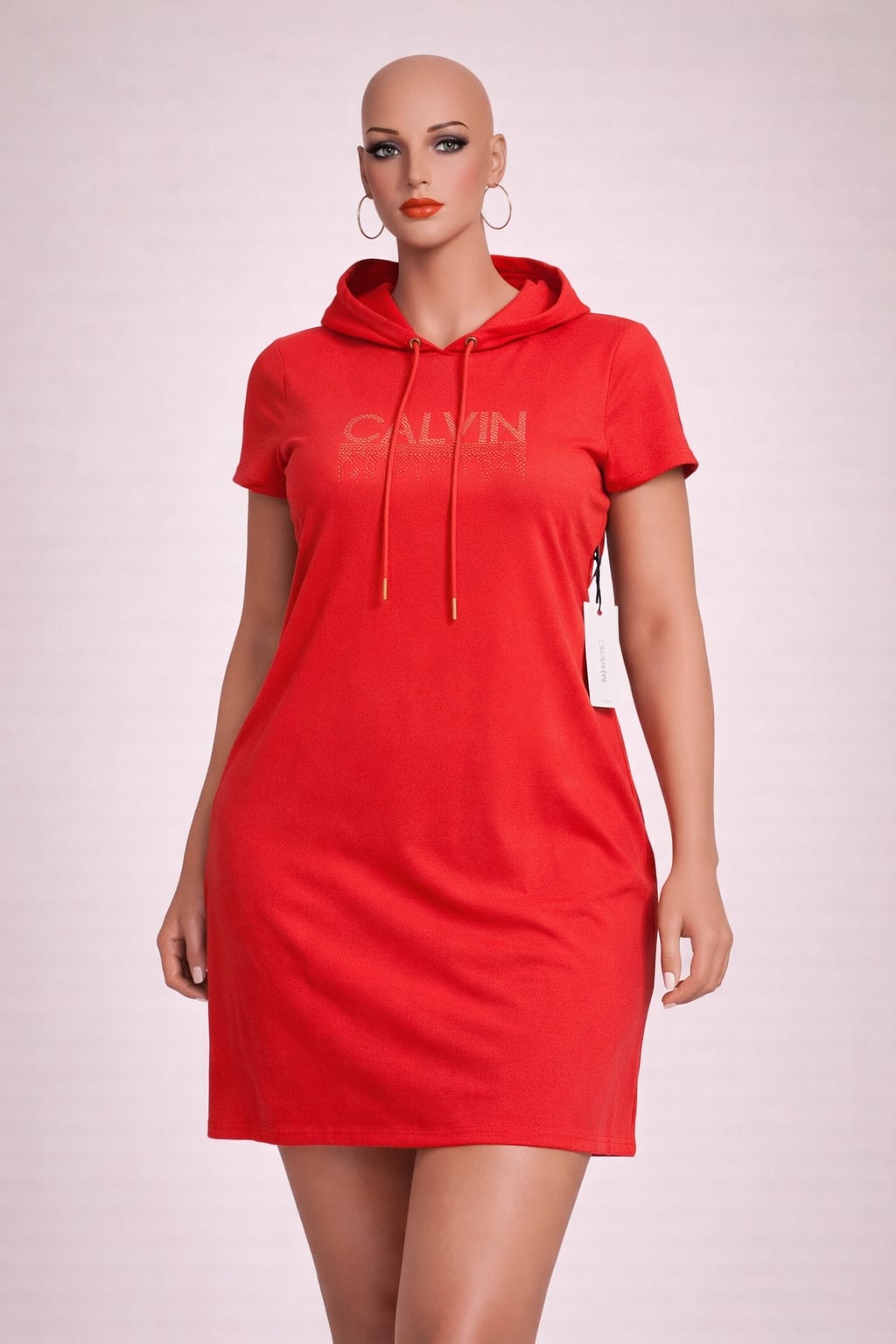 Calvin Klein Women's Red Short Sleeve Hoodie T-Shirt Dress with Gold Studded Logo 2