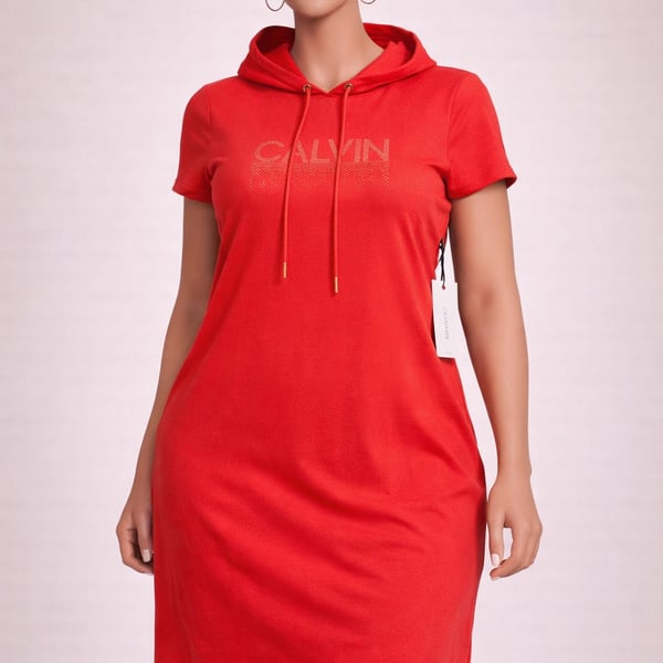 Calvin Klein Women's Red Short Sleeve Hoodie T-Shirt Dress with Gold Studded Logo