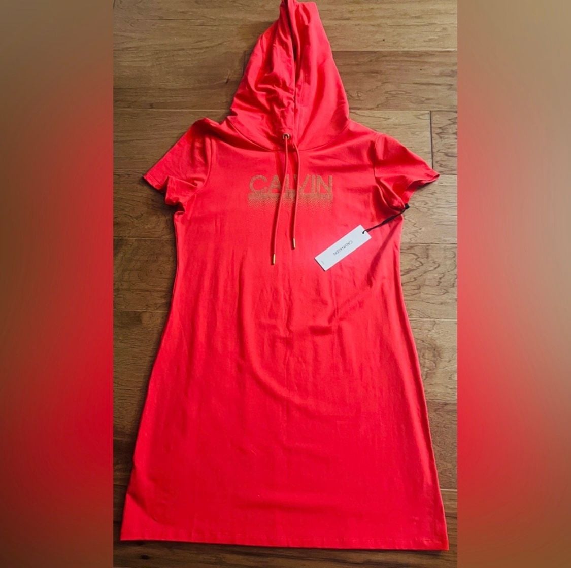 Calvin Klein Women's Red Short Sleeve Hoodie T-Shirt Dress with Gold Studded Logo 3
