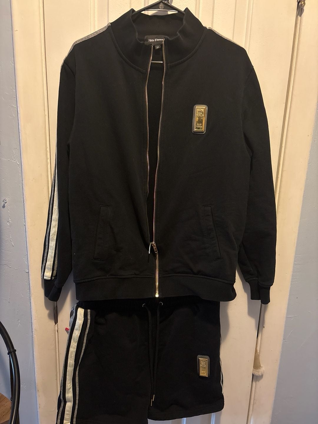 79th Element Men's Black Tracksuit Set Gold Bar Patch Zip Jacket and Shorts 2