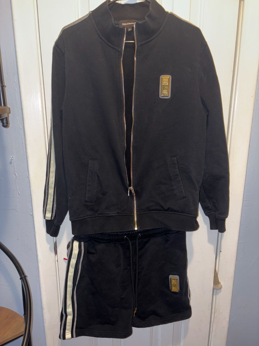 79th Element Men's Black Tracksuit Set Gold Bar Patch Zip Jacket and Shorts 1