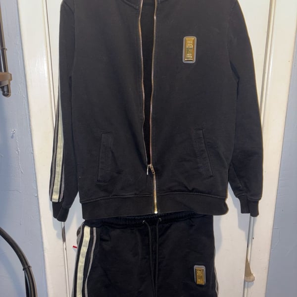79th Element Men's Black Tracksuit Set Gold Bar Patch Zip Jacket and Shorts
