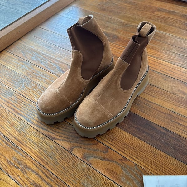 Jimmy Choo Clayton Caramel Suede Crystal Welt Platform Chelsea Boots