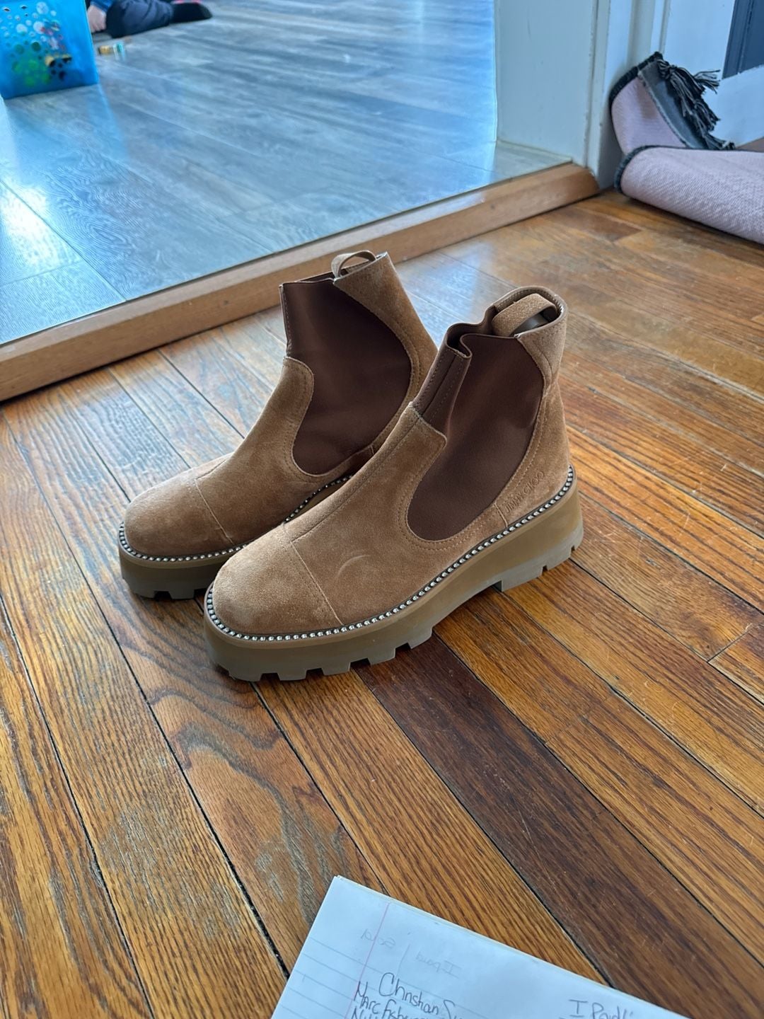 Jimmy Choo Clayton Caramel Suede Crystal Welt Platform Chelsea Boots 3