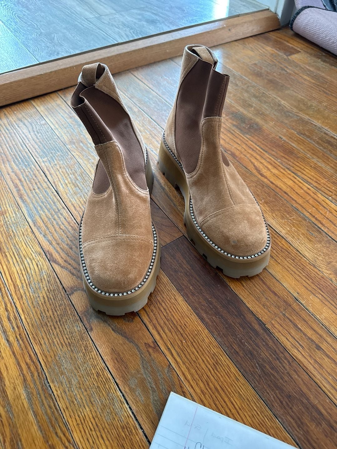 Jimmy Choo Clayton Caramel Suede Crystal Welt Platform Chelsea Boots 5