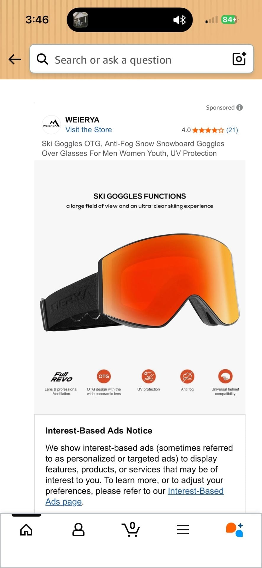 WEIRA Ski Goggles OTG Anti-Fog Snow Snowboard Goggles Over Glasses UV Protection 3