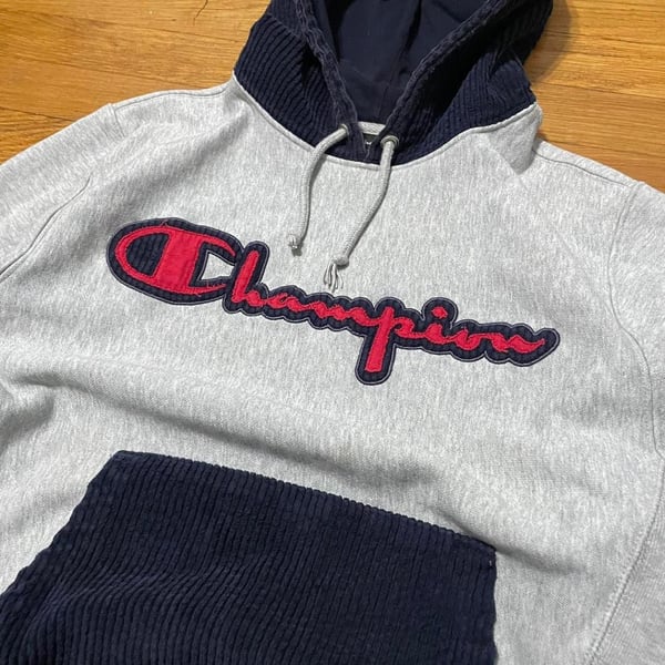 Mens Champion Grey Hoodie with Navy Corduroy Hood and Pocket
