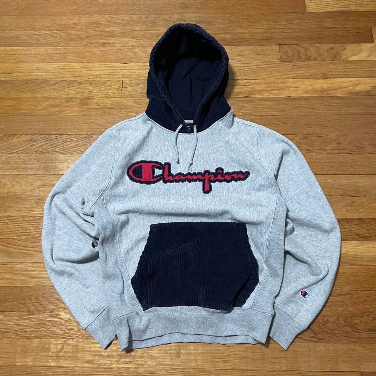 Mens Champion Grey Hoodie with Navy Corduroy Hood and Pocket 3