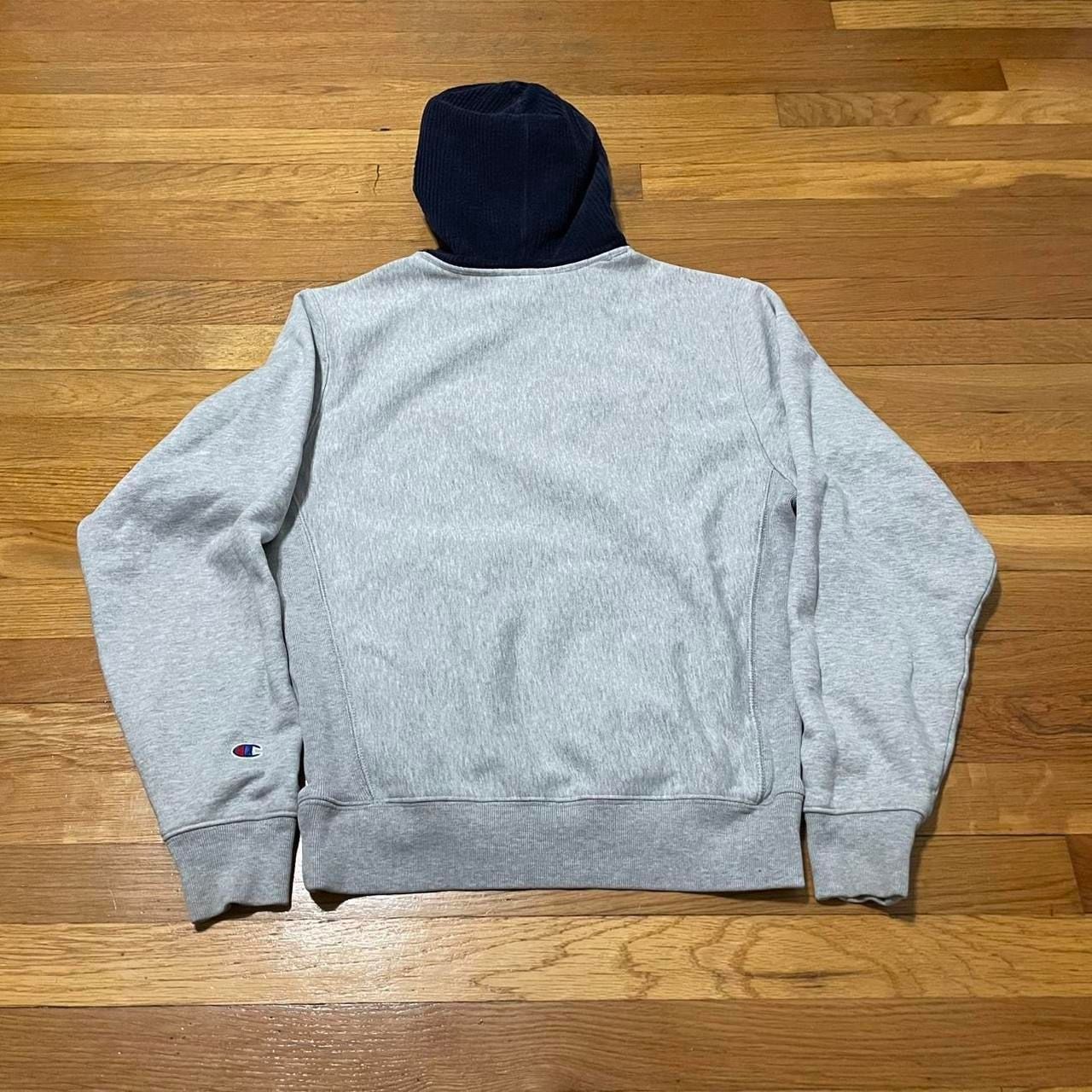 Mens Champion Grey Hoodie with Navy Corduroy Hood and Pocket 4